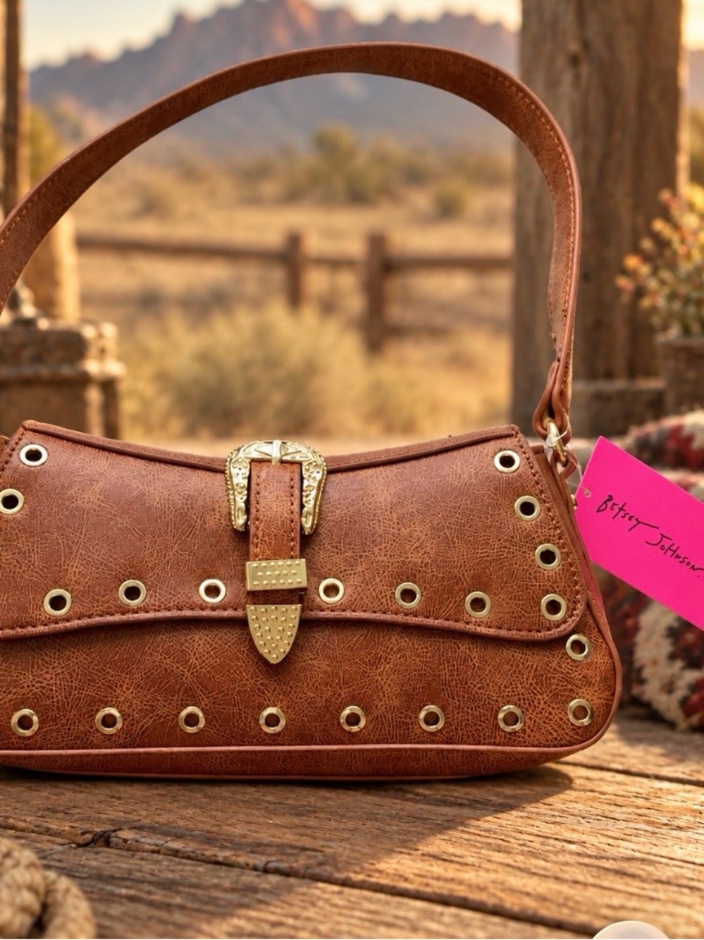 Betsey Johnson Brown Faux Leather Studded Shoulder Bag with Gold Buckle-NEW